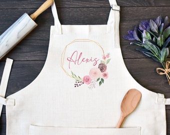 Personalized Linen Kitchen Apron, Custom Cooking Apron with Pocket, Mother's Day Gift for Mom, Gift for Cook or Baker, Pink Flower Wreath