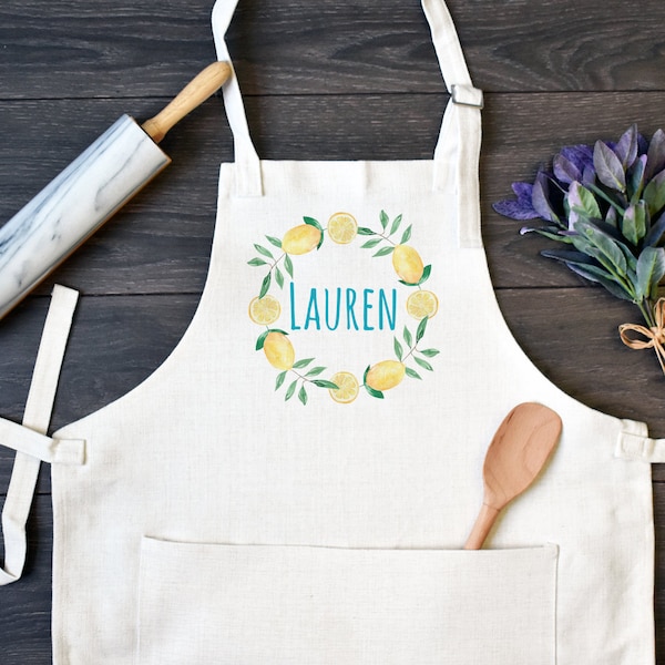 Personalized Linen Kitchen Apron, Custom Cooking Apron with Pocket, Lemons