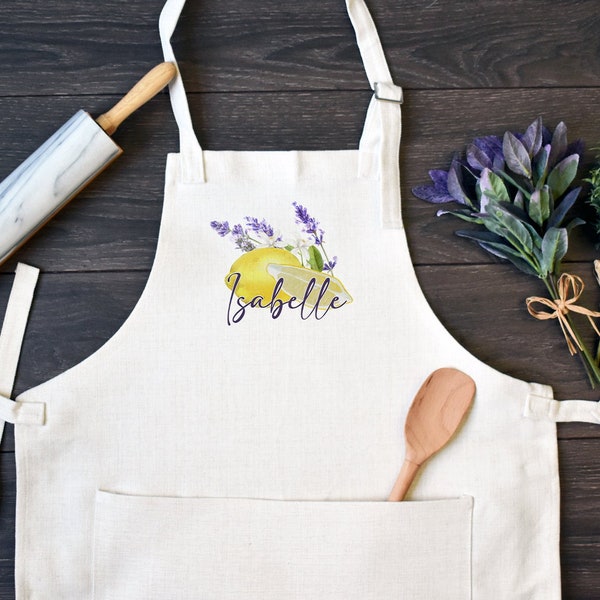 Personalized Linen Kitchen Apron, Custom Cooking Apron with Pocket, Lavender and Lemons, Gift for Mothers Day