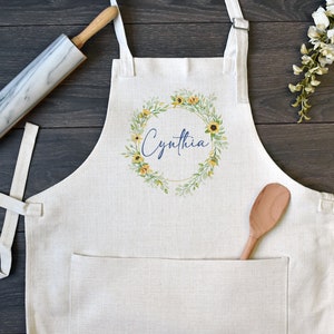 Personalized Linen Kitchen Apron, Custom Cooking Apron with Pocket, Sunflowers