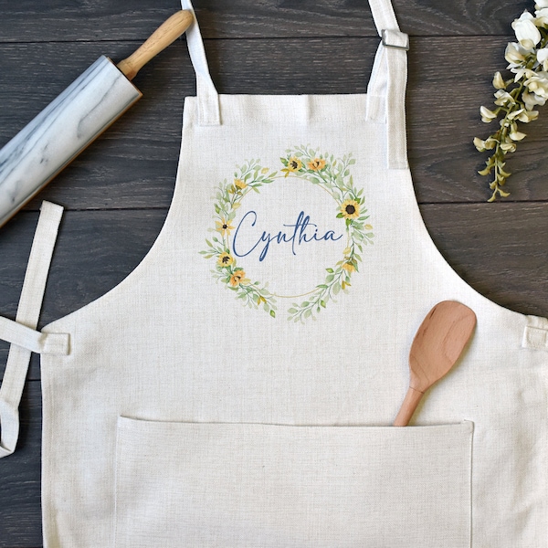 Personalized Linen Kitchen Apron, Custom Cooking Apron with Pocket, Sunflowers