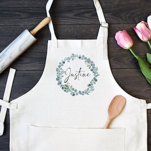 Personalized Linen Kitchen Apron, Custom Cooking Apron with Pocket, Mother&#39;s Day Gift For Mom or Grandma, Home Bakery Apron, Eucalyptus