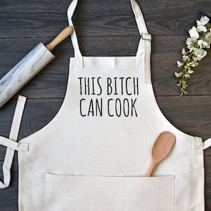 Linen Kitchen Apron, Funny Cooking Apron with Pocket, This Bitch Can Cook