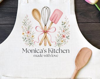 Personalized Linen Kitchen Apron, Custom Cooking Apron with Pocket, Baking Apron for Kids, Kitchen Gift for Mom, Grandma, Bridal Shower Gift