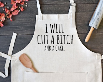 Linen Kitchen Apron, Funny Cooking Apron with Pocket, Cut a Bitch and a Cake