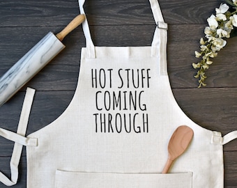 Linen Kitchen Apron, Funny Cooking Apron with Pocket, Hot Stuff Coming Through