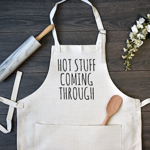 Linen Kitchen Apron, Funny Cooking Apron with Pocket, Hot Stuff Coming Through