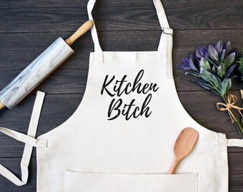 Linen Kitchen Apron, Funny Cooking Apron with Pocket, Kitchen Bitch