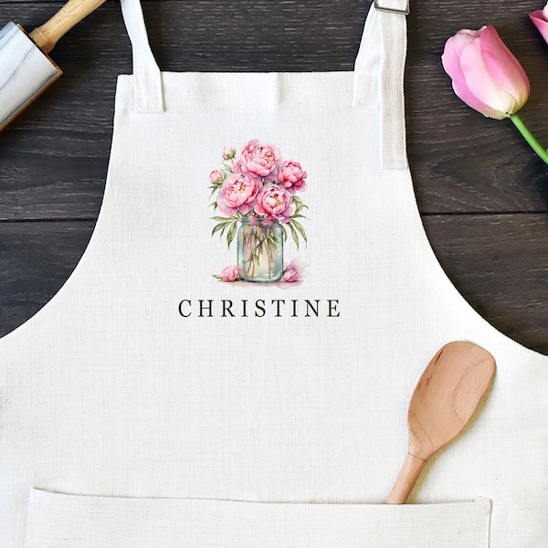 Personalized Linen Kitchen Apron, Custom Cooking or Baking Apron with Pocket, Mother's Day Gift for Mom, Apron with Pink Flowers, Peonies