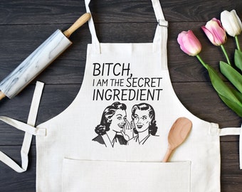 Linen Kitchen Apron, Funny Cooking Apron with Pocket, Secret Ingredient