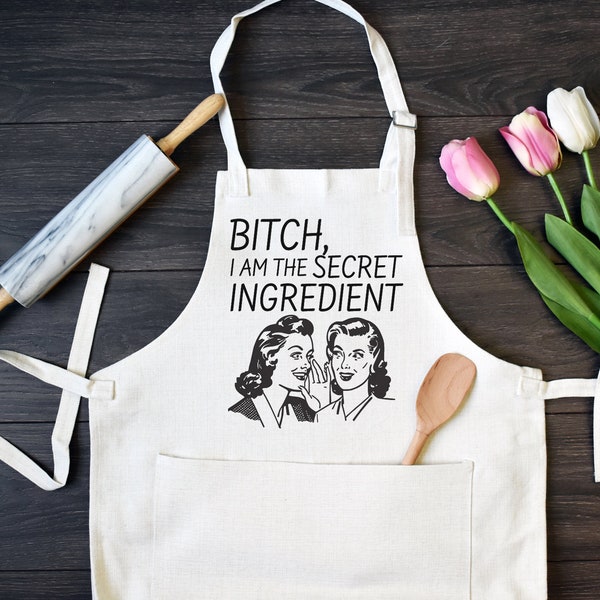 Linen Kitchen Apron, Funny Cooking Apron with Pocket, Secret Ingredient