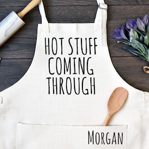 Personalized Kitchen Apron, Funny Cooking Apron with Pocket, Custom Name Apron, Hot Stuff Coming Through