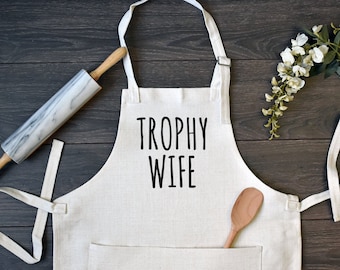 Linen Kitchen Apron, Funny Cooking Apron with Pocket, Trophy Wife