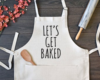 Linen Kitchen Apron, Funny Cooking Apron with Pocket, Let's Get Baked