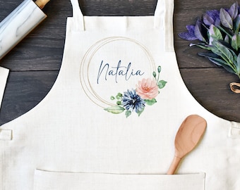 Personalized Linen Kitchen Apron, Custom Cooking Apron with Pocket