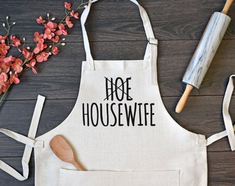 Linen Kitchen Apron, Funny Cooking Apron with Pocket, Hoe to Housewife