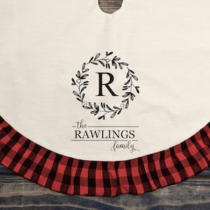 Personalized Christmas Tree Skirt, Custom Linen and Plaid Tree Decor