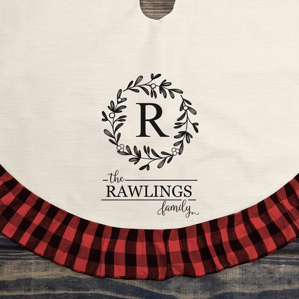 Personalized Christmas Tree Skirt, Custom Linen and Plaid Tree Decor