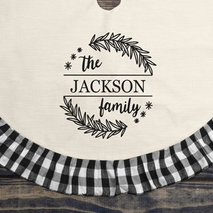 Personalized Christmas Tree Skirt, Custom Linen and Plaid Tree Decor