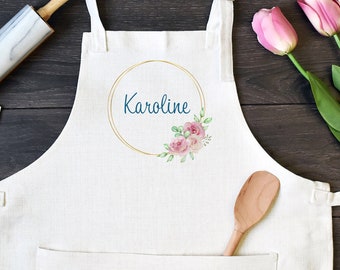 Personalized Linen Kitchen Apron, Custom Cooking Apron with Pocket, Pink Flowers