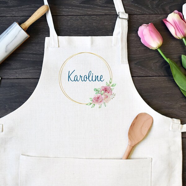 Personalized Linen Kitchen Apron, Custom Cooking Apron with Pocket, Pink Flowers