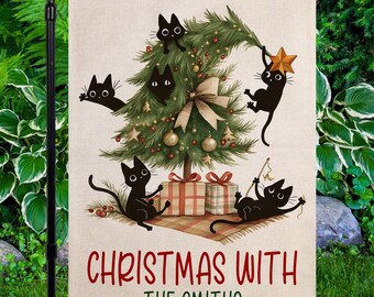 Personalized Garden Flag, Custom Holiday Yard Decor, Welcome Sign, Cats In Christmas Tree, Festive Merry Christmas, Seasonal Decoration
