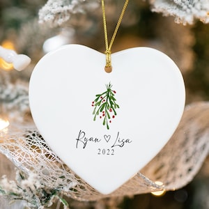Couples Christmas Ornament, Personalized Name and Date Under Mistletoe