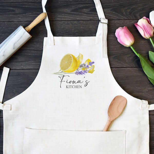 Personalized Linen Kitchen Apron, Custom Cooking Apron with Pocket, Lavender and Lemons