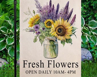 Personalized Garden Flag, Custom Floral Yard Decor, Welcome Sign for Fresh Cut Flower Farmstand, Sunflowers and Lavender in Jar