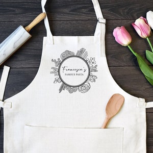 Personalized Linen Kitchen Apron, Custom Cooking Apron with Pocket, Italian Pasta