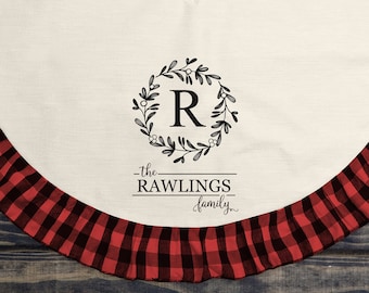 Personalized Christmas Tree Skirt, Custom Linen and Plaid Tree Decor