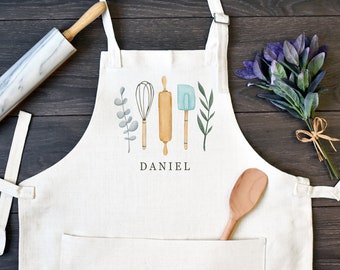 Personalized Linen Kitchen Apron, Custom Cooking Apron with Pocket