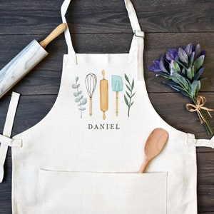 Personalized Linen Kitchen Apron, Custom Cooking or Baking Apron with Pocket, Mother&#39;s Day Gift for Mom, Apron with Baking Utensil Design