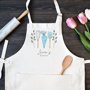 Personalized Linen Kitchen Apron, Custom Cooking Apron with Pocket, Baking Apron, Mother&#39;s Day or Birthday Gift for Mom, Blue Piping Bag