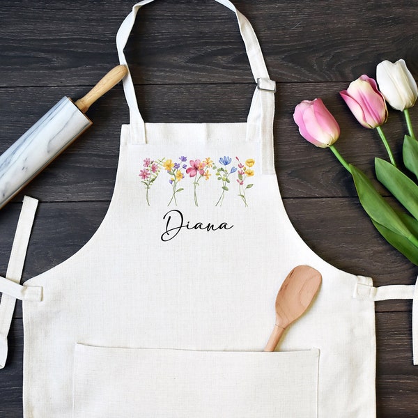 Personalized Linen Kitchen Apron, Custom Cooking Apron with Pocket, Wildflowers with Name, Gift for Mothers Day