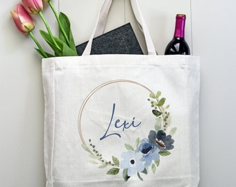 Personalized Linen Tote Bag, Cute Name Tote Bag