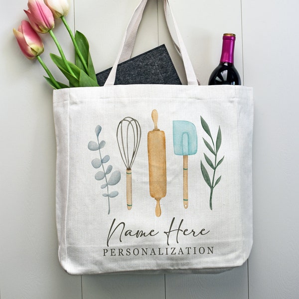 Personalized Linen Tote Bag, Cute Name Tote Bag