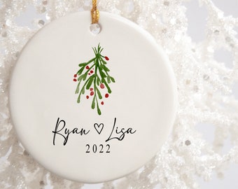 Couples Christmas Ornament, Personalized Name and Date Under Mistletoe