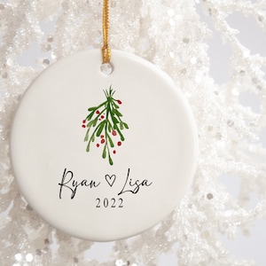 Couples Christmas Ornament, Personalized Name and Date Under Mistletoe