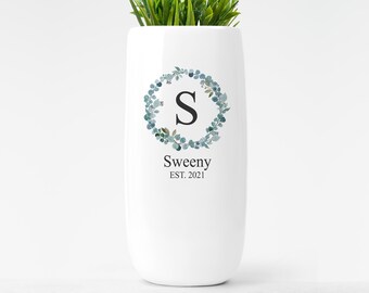 Personalized Ceramic Vase, Custom Wedding Anniversary Gift For Couple, Eucalyptus Wreath Monogram