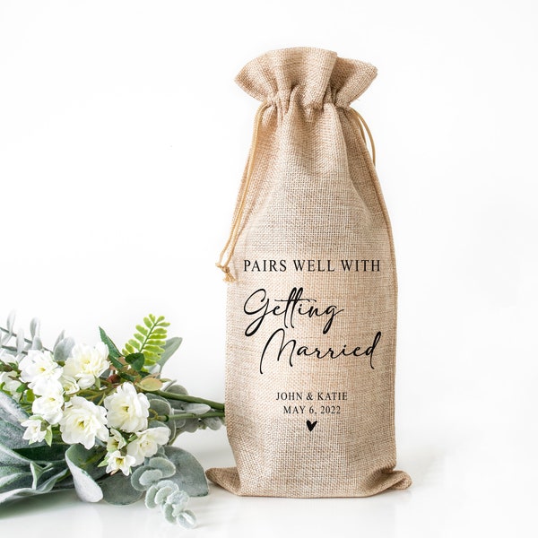 Personalized Wine Bag Holder, Custom Tote Bag for Bottle, Gift for Couples Wedding Engagement