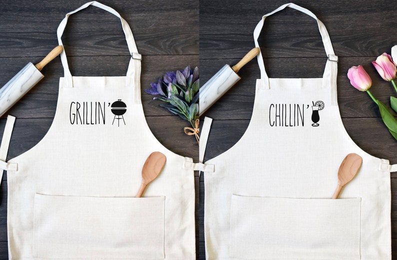 His and Hers Linen Kitchen Aprons, Funny Cooking Apron with Pocket Set of Two image 2