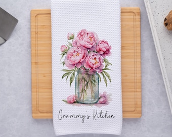Personalized Kitchen Towel with Pink Peony Design, Custom Waffle Weave Towel, Peonies in Jar and Name, Gift for Housewarming or Christmas