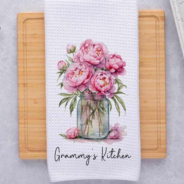 Personalized Kitchen Towel with Pink Peony Design, Custom Waffle Weave Towel, Peonies in Jar and Name, Gift for Housewarming or Christmas