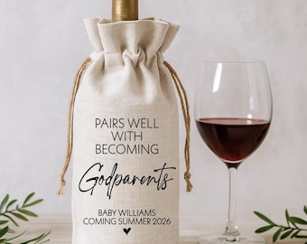 Personalized Wine Bag Holder, Custom Tote Bag for Bottle, Gift for Baby Reveal, Pregnancy Announcement, Godparent Proposal, Godparent Gift
