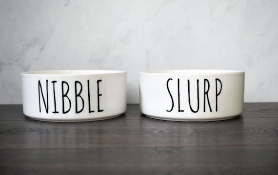 Dog Food Bowl or Bowl Set, Ceramic Pet Water Bowls, Nibble and Slurp Dog or Cat Food Bowls, Modern Dog Bowls, Funny Dog Gift for New Puppy