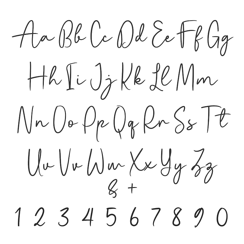 May include: A complete handwritten alphabet and numbers 1-0 in a cursive font. The letters are in uppercase and lowercase, with the ampersand and plus sign included. The font is a thin, elegant script style.