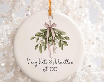 Personalized Christmas Ornament, Custom Tree Decoration,  Our First Christmas as a Couple, Name and Date Under Mistletoe, Newlywed Ornament