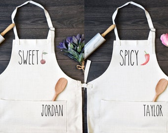 His and Hers Linen Kitchen Aprons, Funny Cooking Apron with Pocket Set of Two