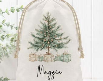 Personalized Christmas Gift Bag, Custom Reusable Drawstring Sack for the Holidays, Traditional Tree, Present Wrap for Kids and Adults